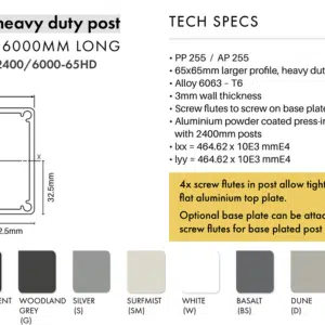 Fence Post HD - 65x65mm x 6000mm SFS - Aluminium - BS - Image 2