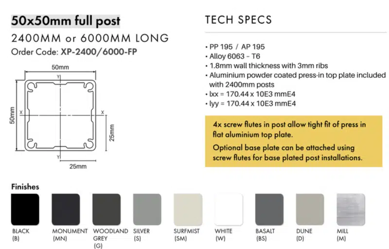 Post – 50x50mm x 2400mm Aluminium Fencing Post - MN - Image 2
